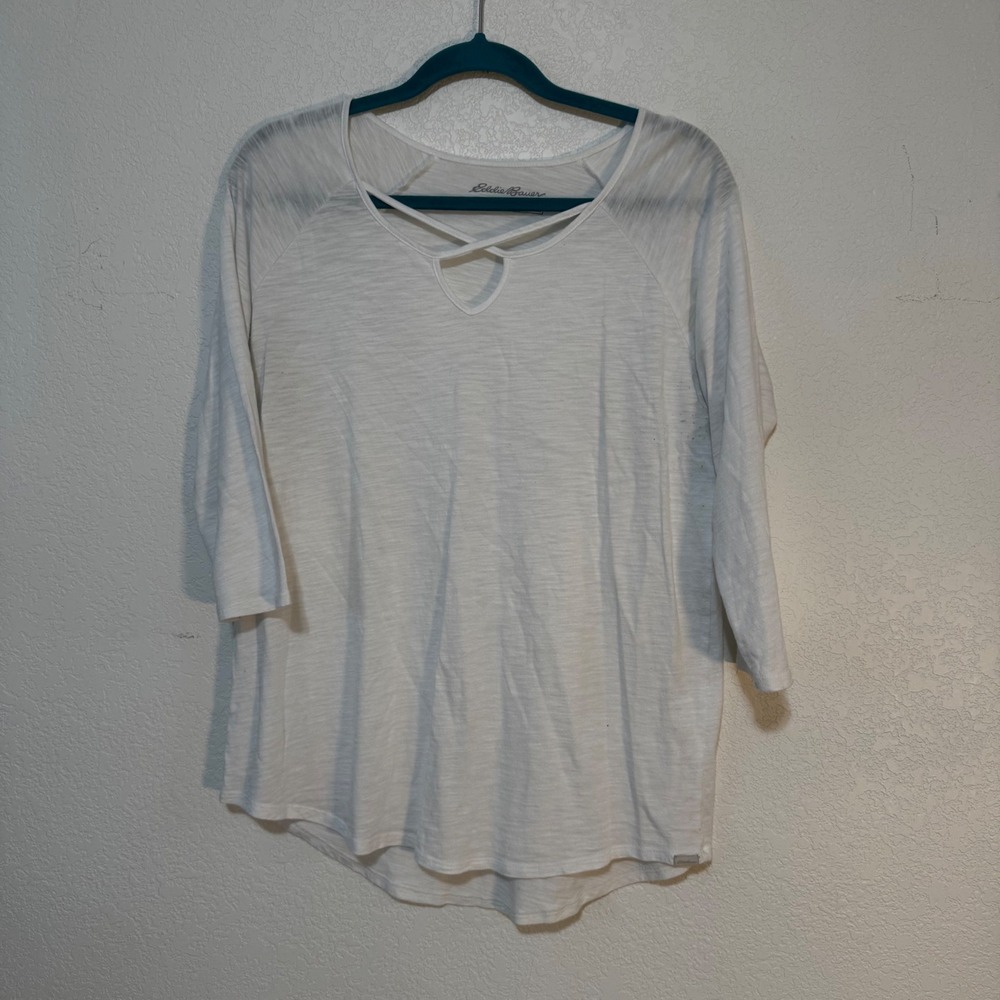 Eddie Bauer White Crossover Neck 3/4‎ Sleeve Tunic Top Women's Size L